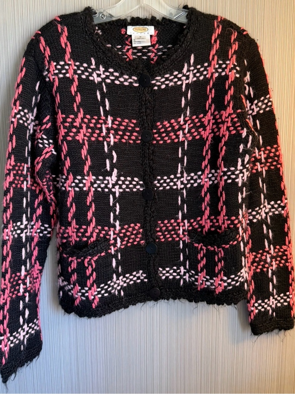 Vintage TALBOTS Petite Wool Blend Cardigan Plaid Sweater Black/Pink/Coral M